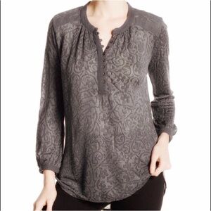 Lucky Brand Gray Lace Floral Textured Long Sleeve Henley Boho Sheer Tunic Top